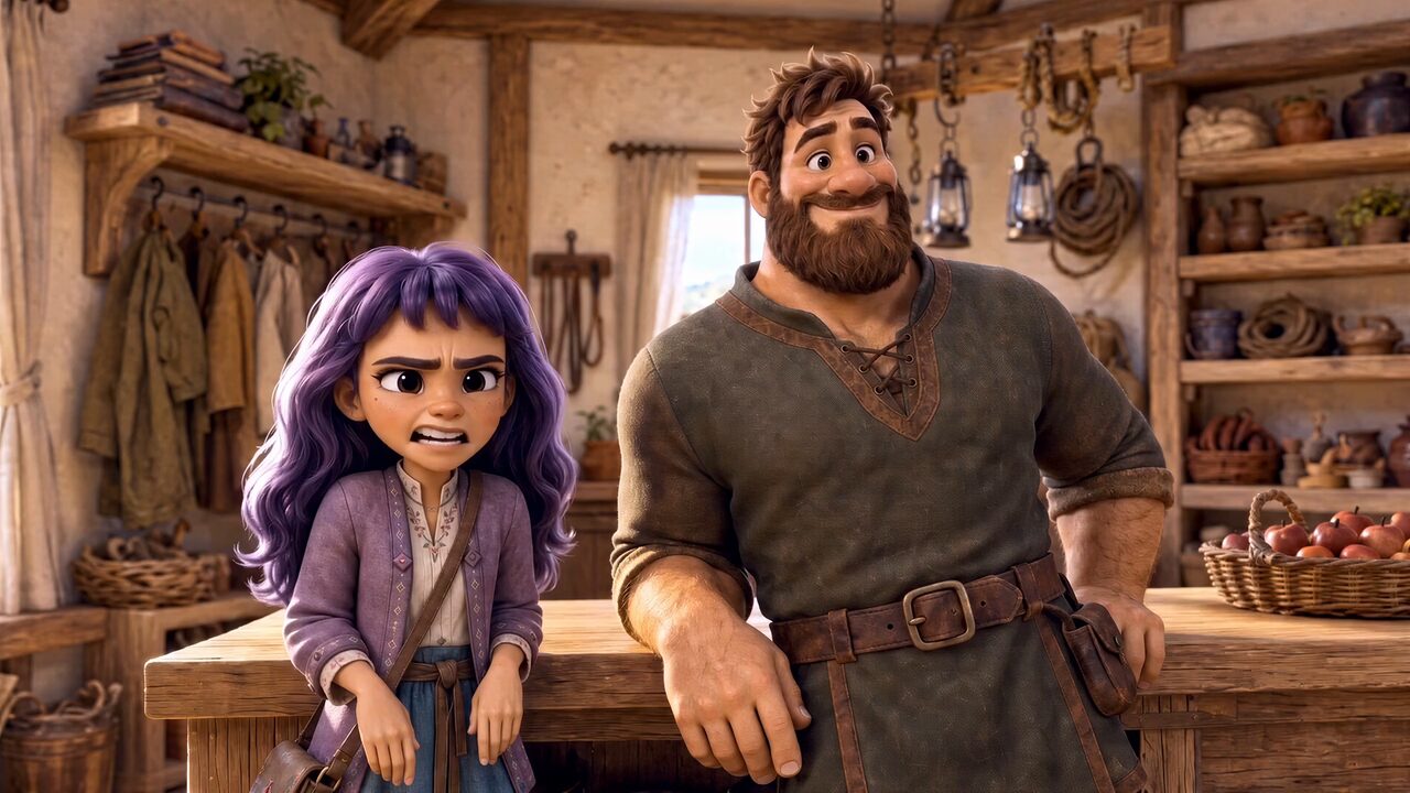 Mary Sue grimacing behind the trading-post counter while the burly shopkeeper Bram grins beside her