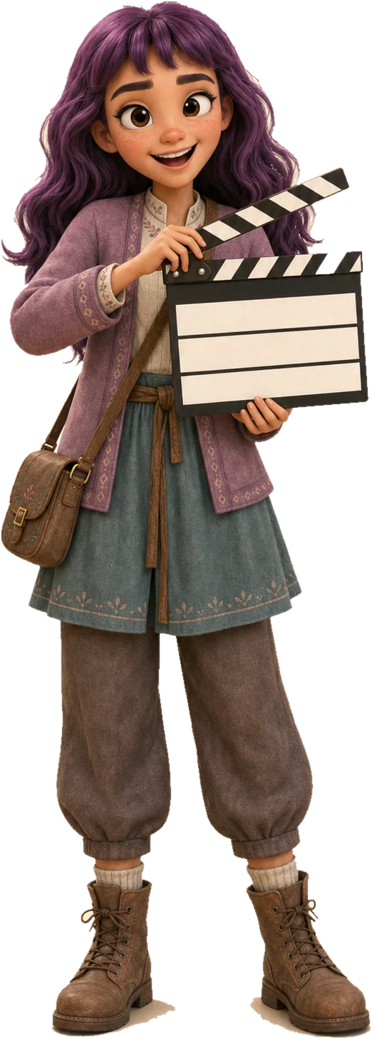 Mary Sue grinning and holding up a film clapperboard, about to clap it