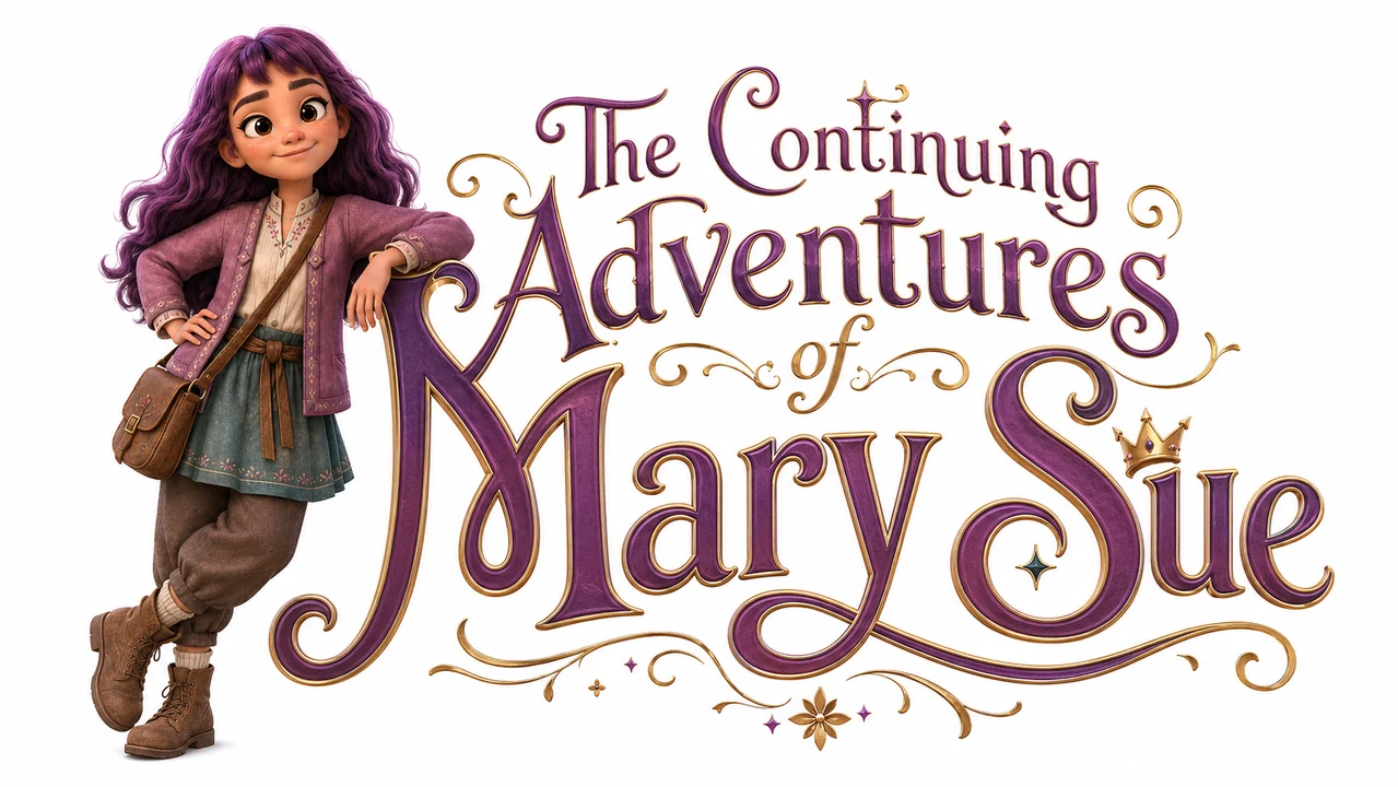 The Continuing Adventures of Mary Sue — ornate storybook title lettering in plum and gold, with Mary Sue leaning against the letters